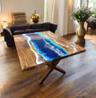 Ocean Wave Epoxy Blue Resin Dining Table Top Handmade River Countertop with Deco