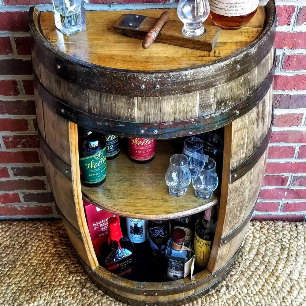 Half Whiskey Bourbon Barrel Cabinet Handcrafted from a Reclaimed Whiskey Barrel