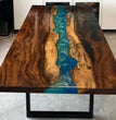 Blue Epoxy Resin Dining Table Top Handmade Acacia Wood Live Edge Furniture Decor