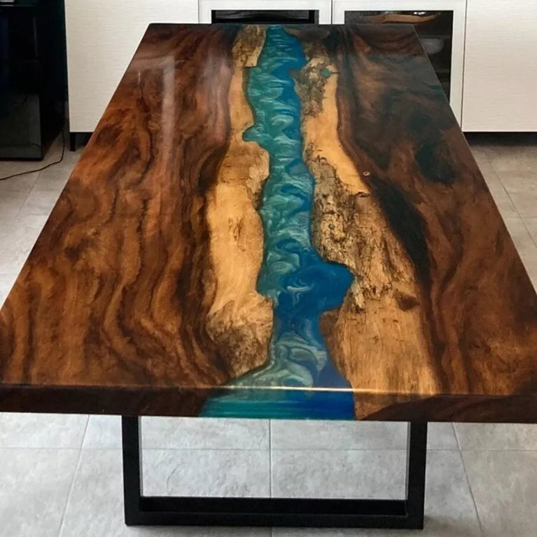 Blue Epoxy Resin Dining Table Top Handmade Acacia Wood Live Edge Furniture Decor