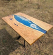 Blue Epoxy Ocean Wave River Dining Table Customized Acacia Wood Countertop Decor