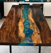 Blue Epoxy Resin Dining Table Top Handmade Acacia Wood Live Edge Furniture Decor