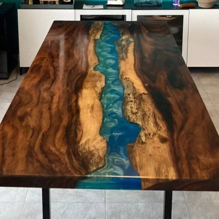 Blue Epoxy Resin Dining Table Top Handmade Acacia Wood Live Edge Furniture Decor