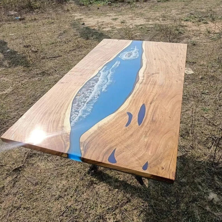 Blue Epoxy Ocean Wave River Dining Table Customized Acacia Wood Countertop Decor