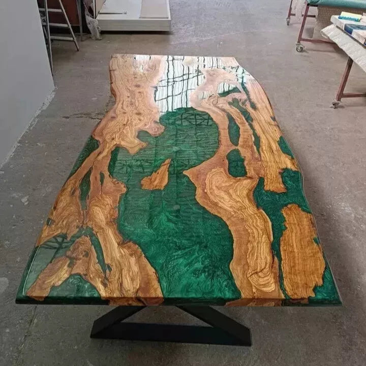 Green Handmade Wooden Resin Table - Live Edge Epoxy Resin - Unique Dining table