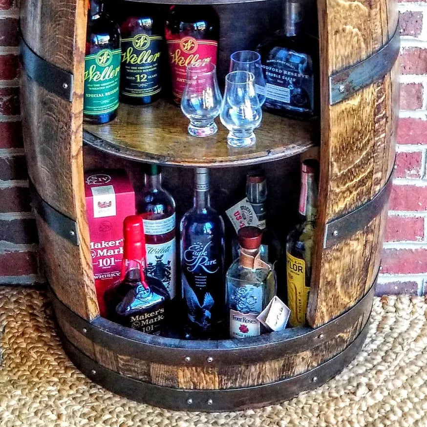 Half Whiskey Bourbon Barrel Cabinet Handcrafted from a Reclaimed Whiskey Barrel