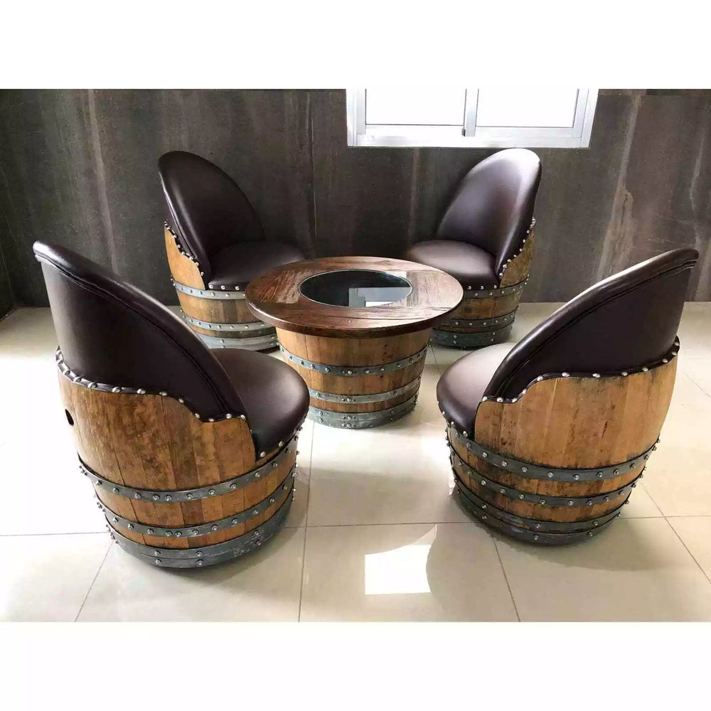 Wine Barrel 4-Chair Half-Barrel Table Set (Barrel Chair-Whiskey Barrel Table)