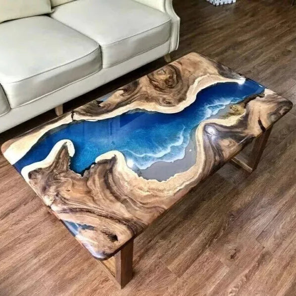 Custom Blue Epoxy Resin Dining Table Acacia Wood River Themed Hallway Centertop