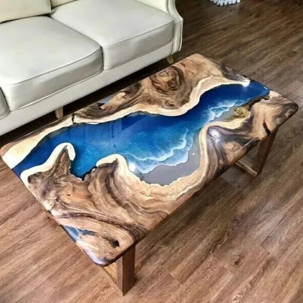 Custom Blue Epoxy Resin Dining Table Acacia Wood River Themed Hallway Centertop