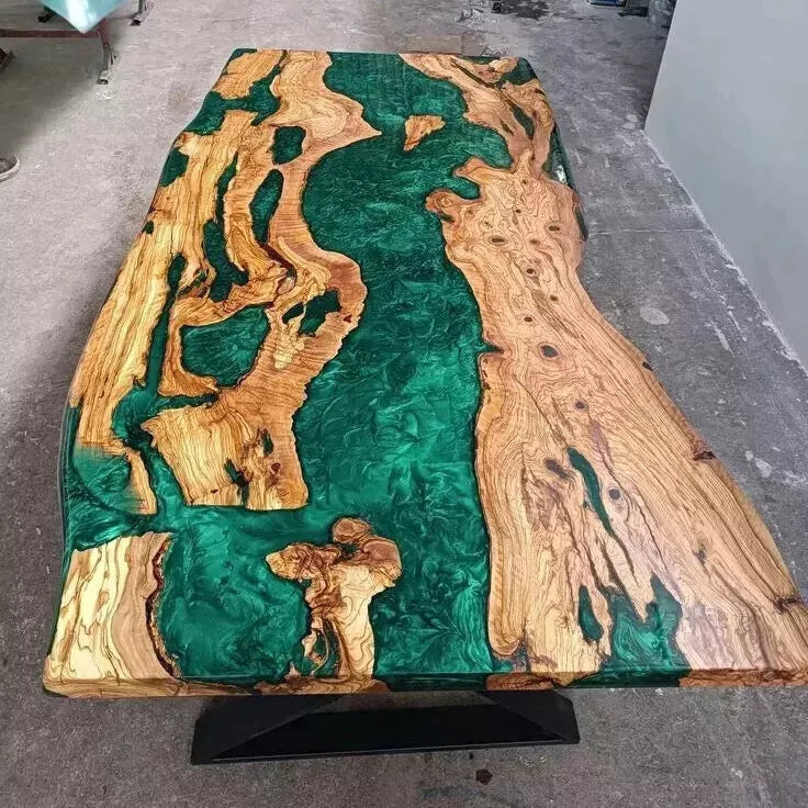 Green Handmade Wooden Resin Table - Live Edge Epoxy Resin - Unique Dining table