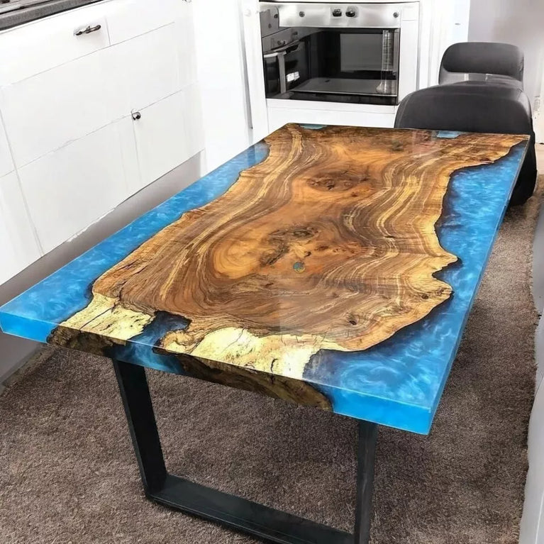 Blue Epoxy resin Dining Table Handmade Kitchen Slab Wooden Decors