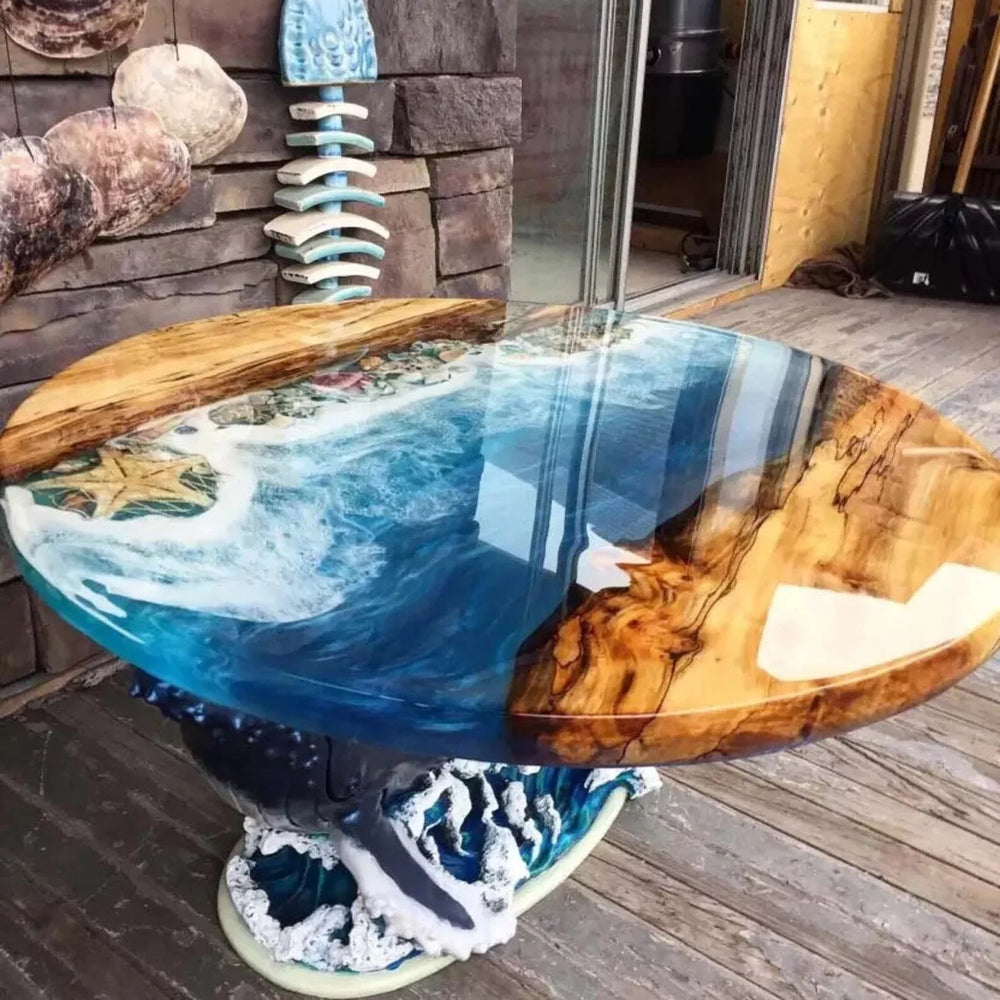 Round Top Ocean Beach Epoxy Coffee Side Table For Home Decor, Resin River Table