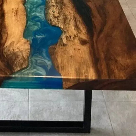 Blue Epoxy Resin Dining Table Top Handmade Acacia Wood Live Edge Furniture Decor