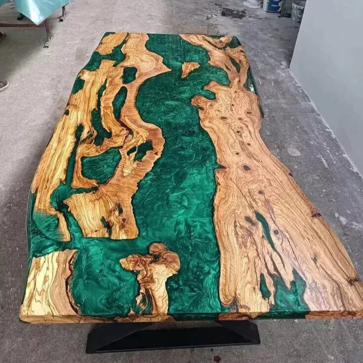 Green Handmade Wooden Resin Table - Live Edge Epoxy Resin - Unique Dining table