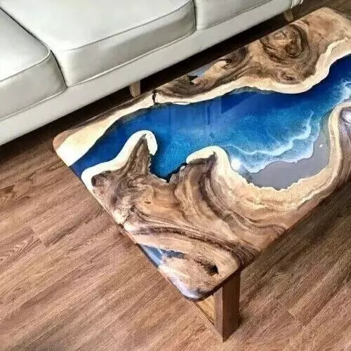 Custom Blue Epoxy Resin Dining Table Acacia Wood River Themed Hallway Centertop