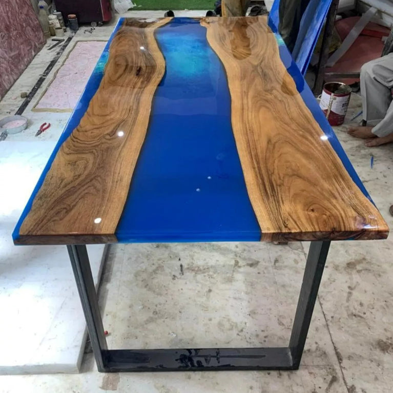 Custom Made Blue Epoxy Resin Dining Table, Handmade Furniture, Kitchen Slab Deco