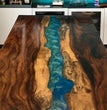 Blue Epoxy Resin Dining Table Top Handmade Acacia Wood Live Edge Furniture Decor