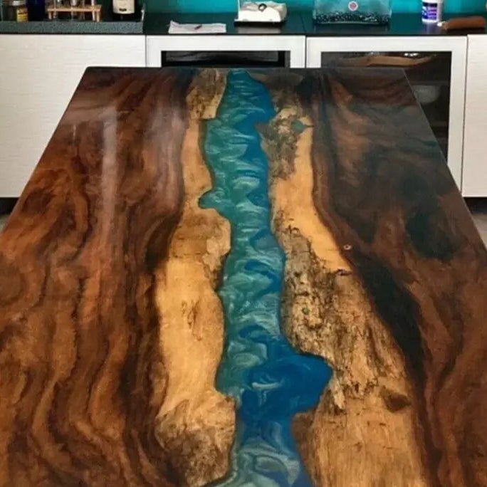 Blue Epoxy Resin Dining Table Top Handmade Acacia Wood Live Edge Furniture Decor