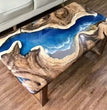 Custom Blue Epoxy Resin Dining Table Acacia Wood River Themed Hallway Centertop