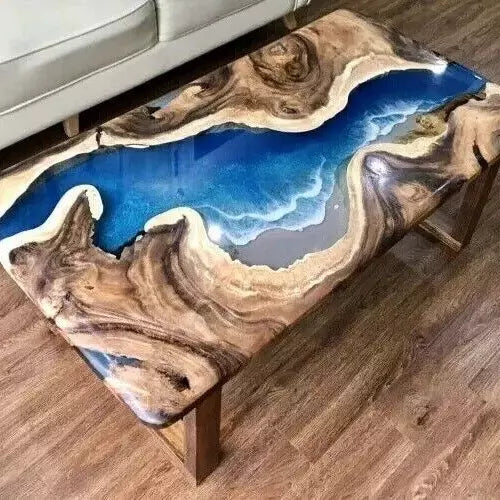 Custom Blue Epoxy Resin Dining Table Acacia Wood River Themed Hallway Centertop