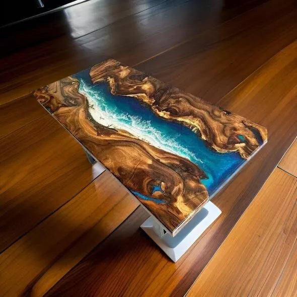 Artisan Blue Epoxy Resin Dining Table - Handcrafted Wooden Furniture for Home