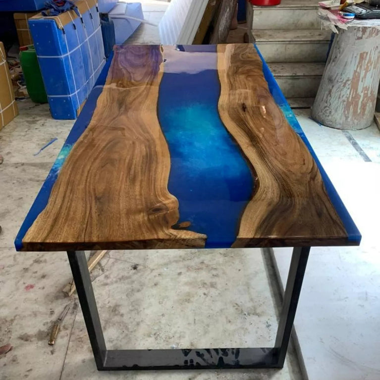 Custom Made Blue Epoxy Resin Dining Table, Handmade Furniture, Kitchen Slab Deco