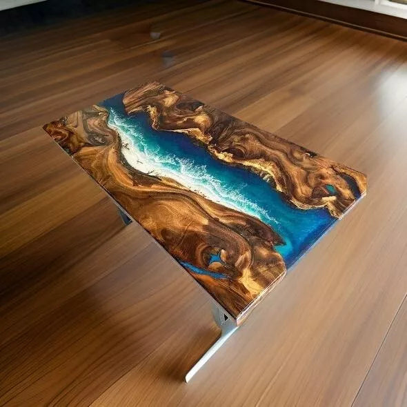 Artisan Blue Epoxy Resin Dining Table - Handcrafted Wooden Furniture for Home