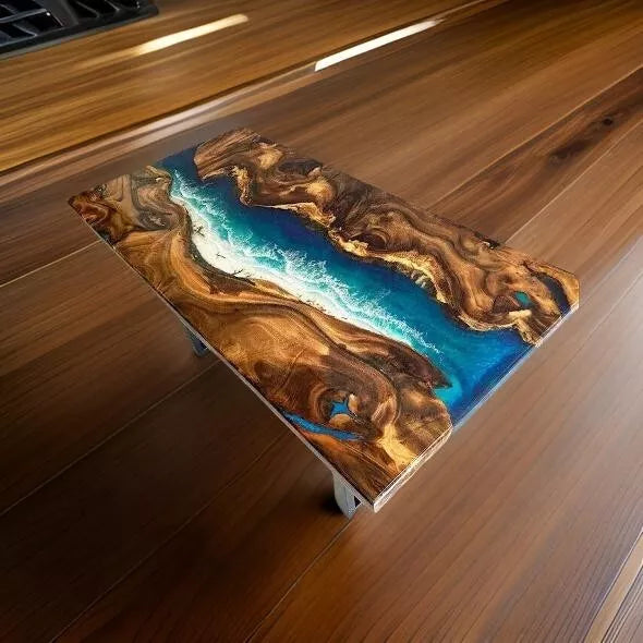 Artisan Blue Epoxy Resin Dining Table - Handcrafted Wooden Furniture for Home