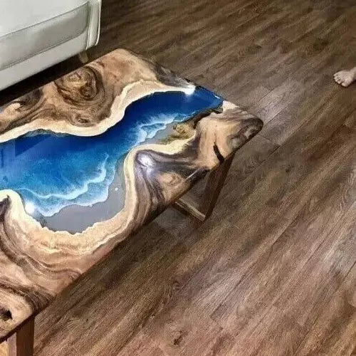 Custom Blue Epoxy Resin Dining Table Acacia Wood River Themed Hallway Centertop