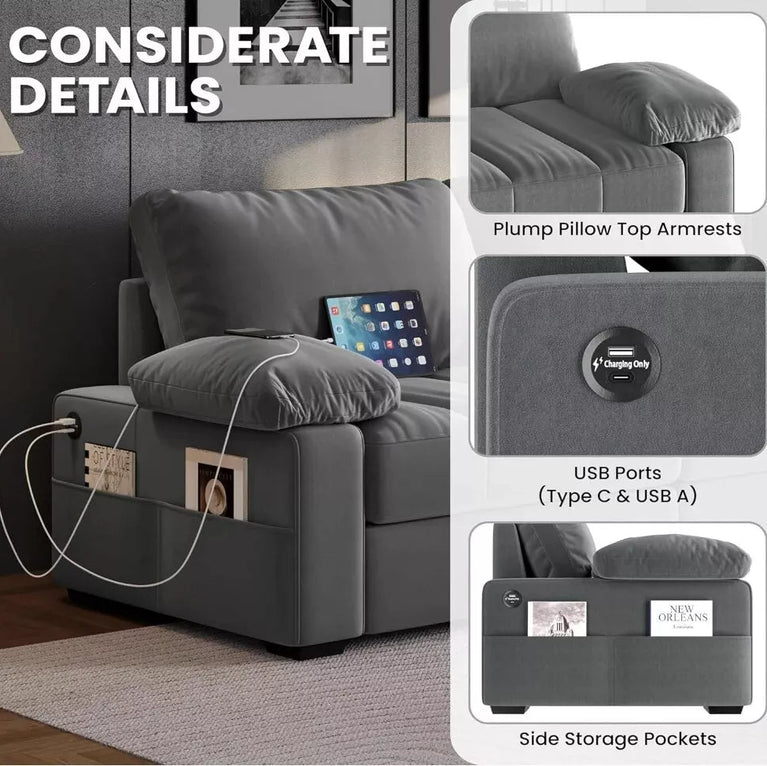 Sofa Couch Modern Velvet Couch with Removable Covers & USB Ports Oversized