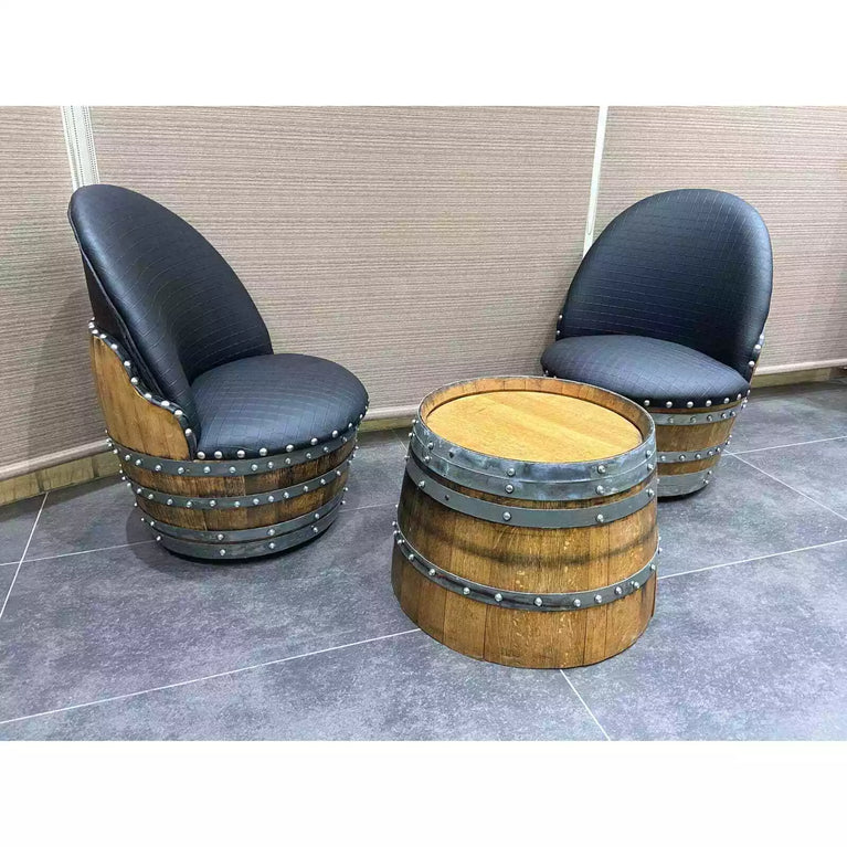 Wine Barrel 2-Chair Half-Barrel Table Set (Barrel Chair -Whiskey Barrel Table)