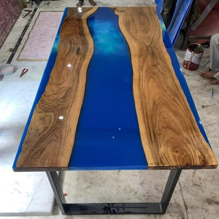 Custom Made Blue Epoxy Resin Dining Table, Handmade Furniture, Kitchen Slab Deco