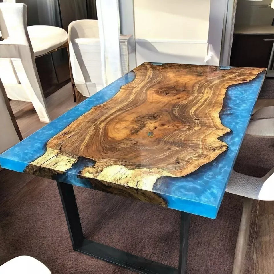 Blue Epoxy resin Dining Table Handmade Kitchen Slab Wooden Decors