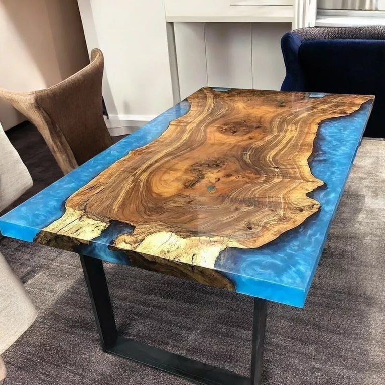 Blue Epoxy resin Dining Table Handmade Kitchen Slab Wooden Decors