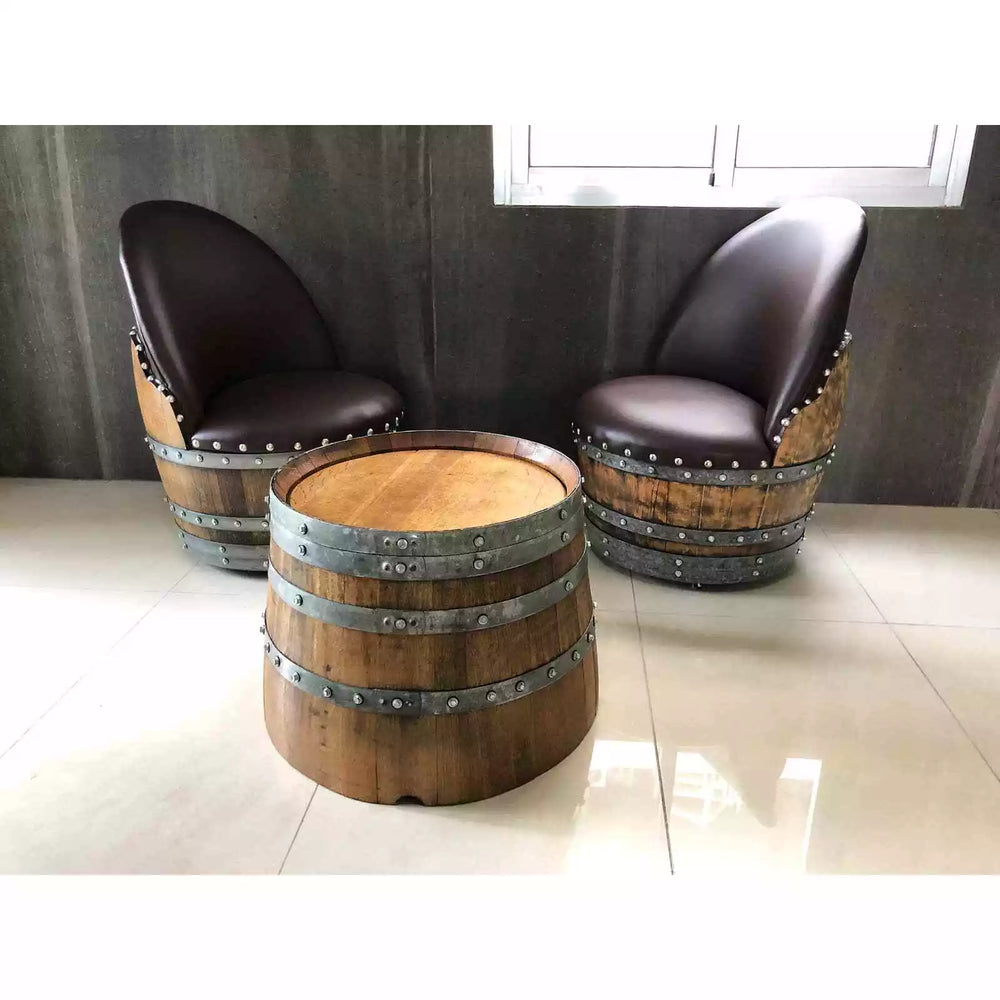 Wine Barrel 2-Chair Half-Barrel Table Set (Barrel Chair -Whiskey Barrel Table)