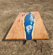 Blue Epoxy Ocean Wave River Dining Table Customized Acacia Wood Countertop Decor