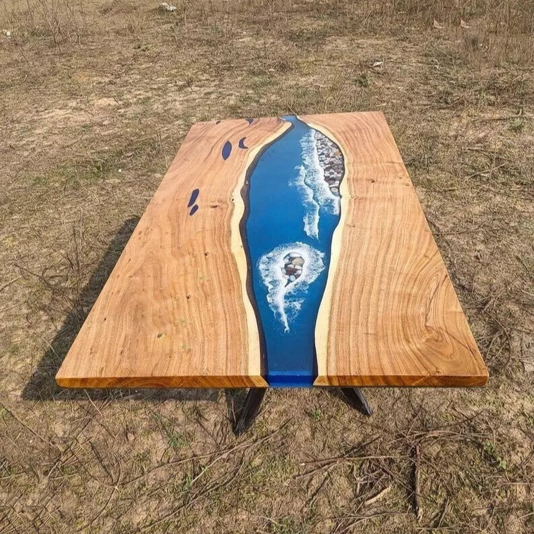 Blue Epoxy Ocean Wave River Dining Table Customized Acacia Wood Countertop Decor