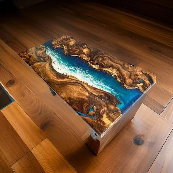 Artisan Blue Epoxy Resin Dining Table - Handcrafted Wooden Furniture for Home