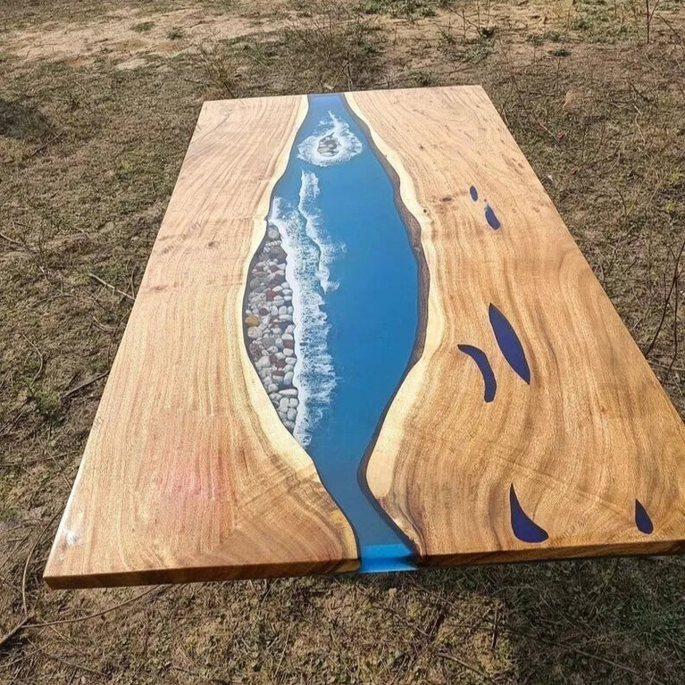 Blue Epoxy Ocean Wave River Dining Table Customized Acacia Wood Countertop Decor