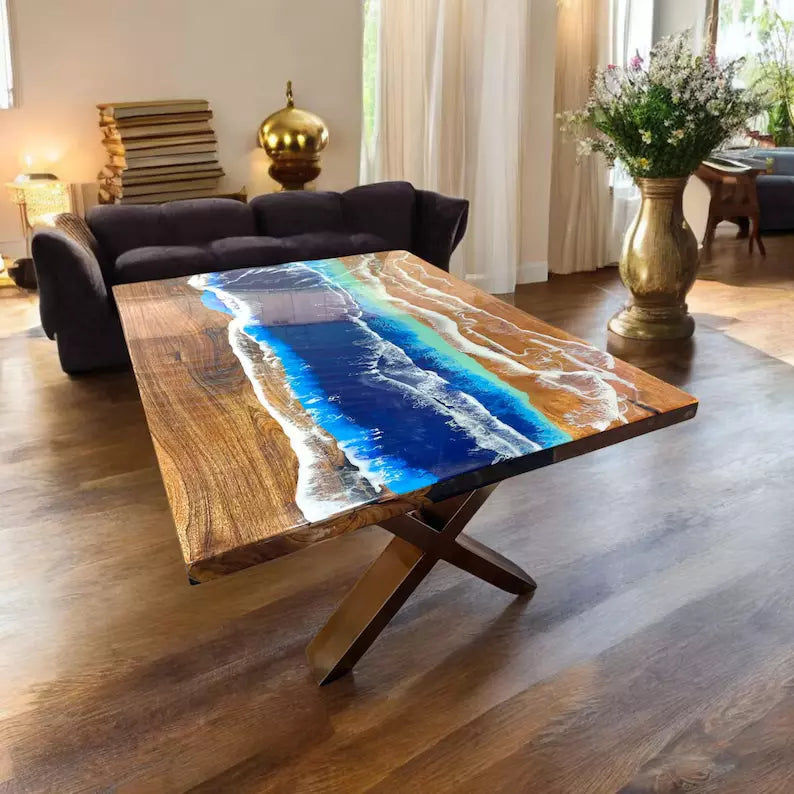 Ocean Wave Epoxy Blue Resin Dining Table Top Handmade River Countertop with Deco